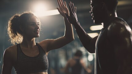 Gym High Five: A motivated man and woman celebrate a workout milestone with a spirited high-five in the heart of a functional gym.
