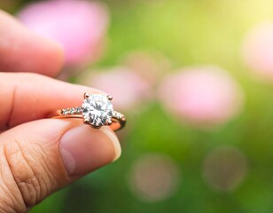 A diamond ring held gently by fingers, soft bokeh