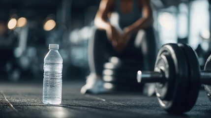 Gym Routine Break: A moment of respite captured in a modern gym, with a water bottle poised amidst equipment as a figure pauses to revitalize, embodying healthy lifestyle and workout focus.