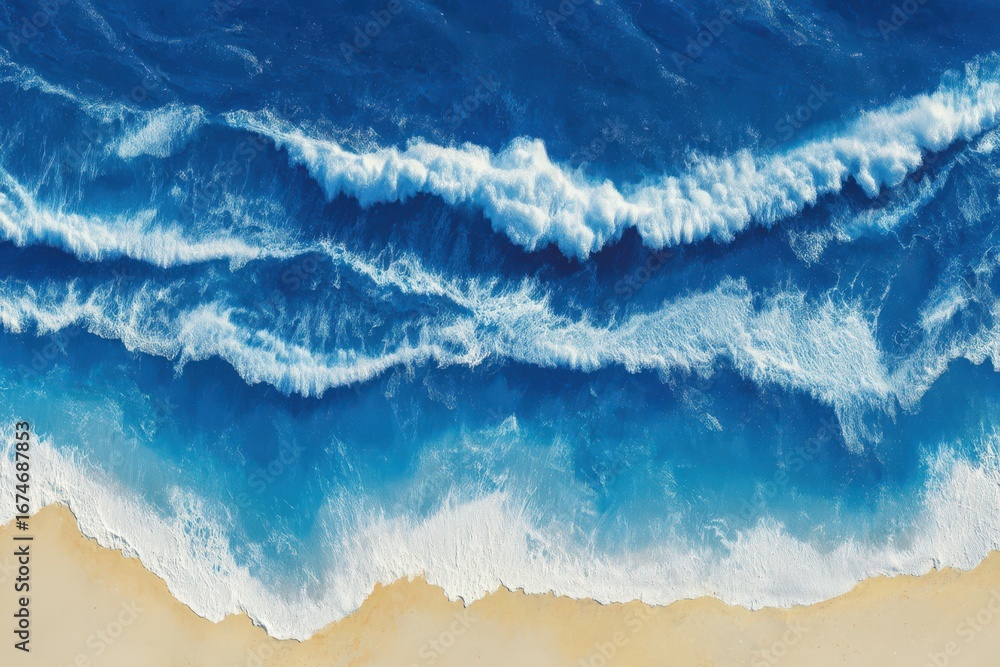 Poster captivating ocean waves crashing onto sandy beach with a mesmerizing blend of azure hues reflecting 