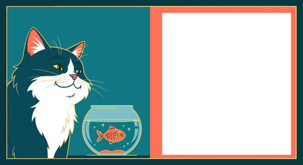 Playful cat observing a fish in a bowl with space for text. Veterinarian flyer with copy space
