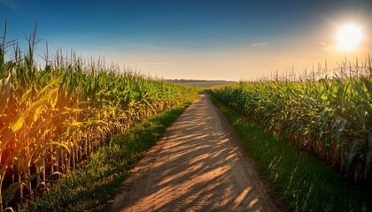 Obraz premium cornfield path with long sunset shadows