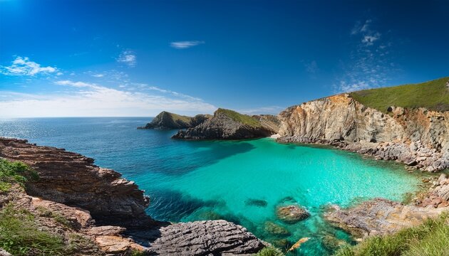 scenic coastal cove with turquoise waters and rugged cliffs under a bright blue sky