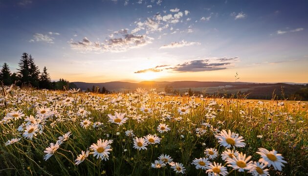 blooming daisies in serene outdoor field at sunset