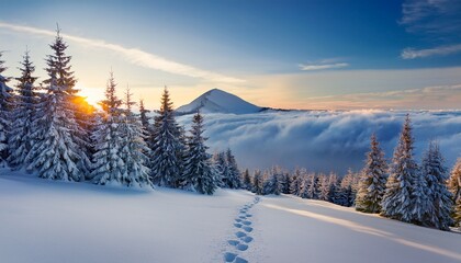 snowy trees at sunset with footprints leading through clouds to mountain peak