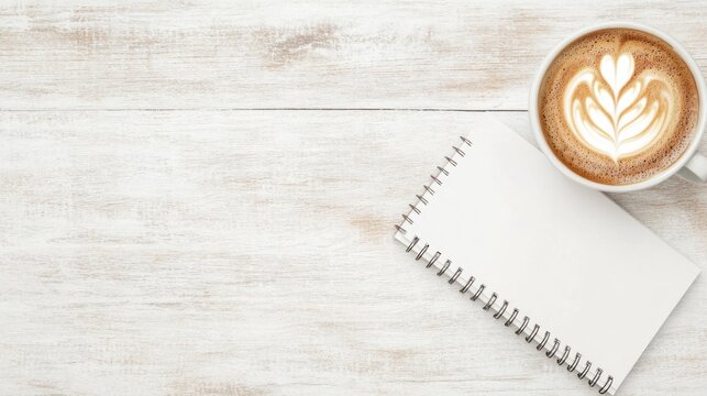 Coffee latte art notepad white wood table