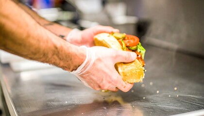 A chef in gloves holds a sandwich