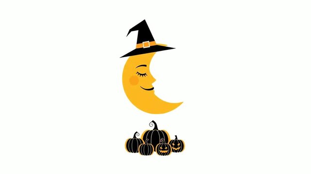 Halloween Moon with Witch Hat and Jack-o-Lanterns Animation.