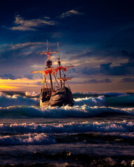 Grand view of an old sailing ship from the times of pirates on the high seas with big waves
