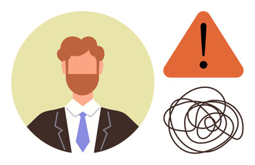 Portrait of a suited man alongside tangled lines and a warning sign. Ideal for stress, anxiety, mental health, caution, business challenges, problem-solving, corporate pressure. Simple flat metaphor