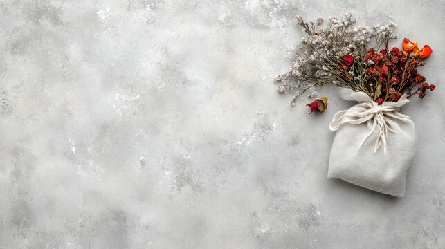 Dried flowers in linen bag on gray background