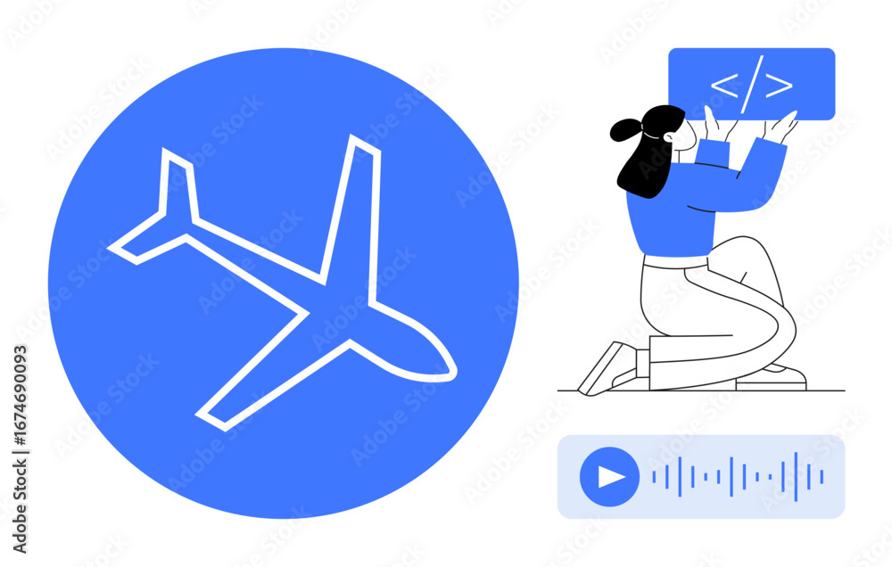 Aufkleber person creating software code with airplane graphic, representing travel app or innovation. audio pl