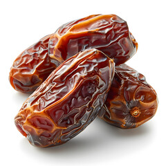 Obraz premium Premium studio shot showing A detailed image of three fresh, dried Um Al Maadi Al Riyadh dates on a pure white background. The dates are medium, dark brown, soft, with fine, even wrinkles. Arranged in