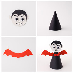 DIY vampire craft step tutorial collage with paper parts cone wings bow tie and head on white background for school education workshop holiday event planner and seasonal Halloween business,