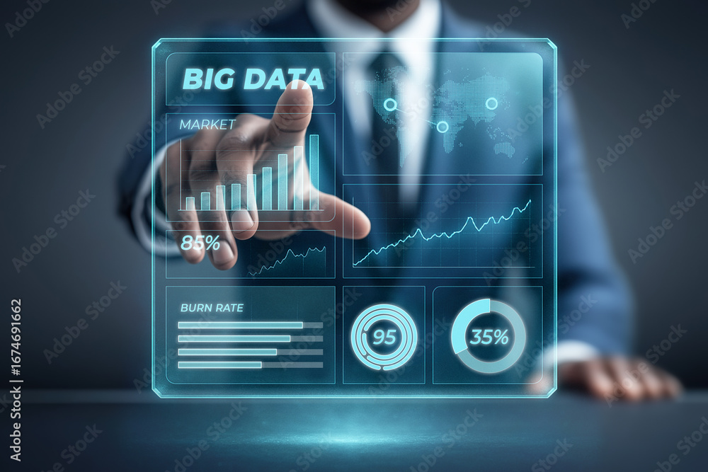 Poster businessman interacting with a futuristic virtual screen showcasing big data statistics, charts, and