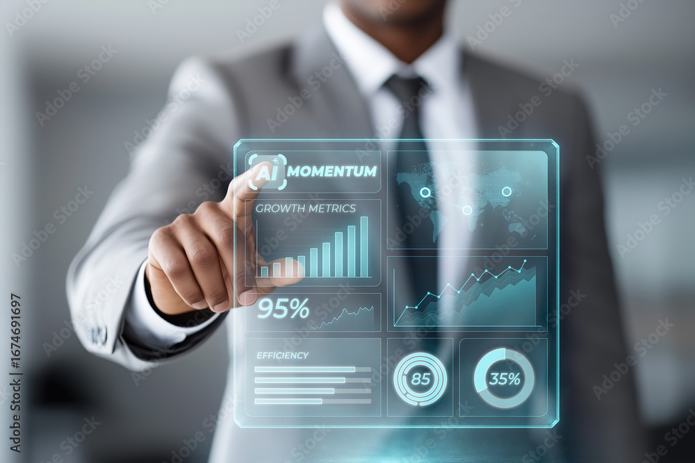 Poster businessman interacts with a futuristic transparent interface displaying ai powered growth metrics, 