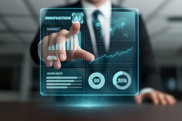 Businessman interacting with a futuristic transparent display featuring market trends, statistics, and ai driven innovation metrics for data analysis and strategy development