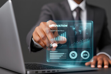 Businessman interacting with a futuristic virtual panel displaying innovation growth metrics, charts, and global data, symbolizing technological advancement in business analysis