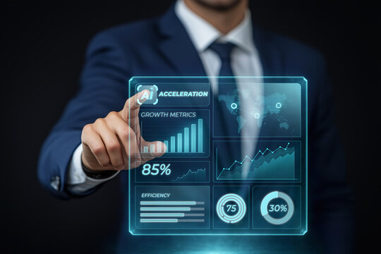 Businessman interacting with a virtual screen panel, analyzing growth metrics through artificial intelligence, enhancing efficiency and driving innovation in the business landscape