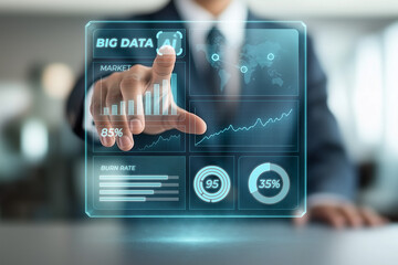 Businessman interacting with a futuristic big data interface, analyzing market trends, burn rate, and other key performance indicators using artificial intelligence