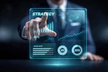 Businessman engaging with a futuristic touchscreen interface showcasing business strategy metrics, including market data and analytics, highlighting innovation in corporate planning