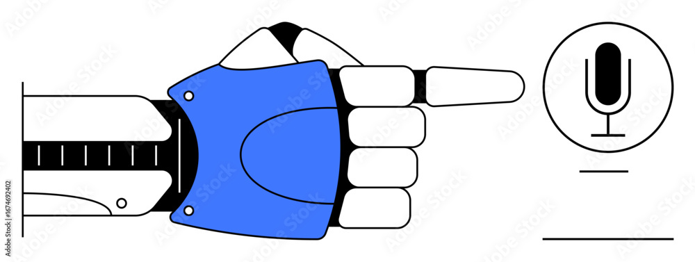 Poster robotic hand gesturing at microphone icon, symbolizing voice control. ideal for ai, automation, robo