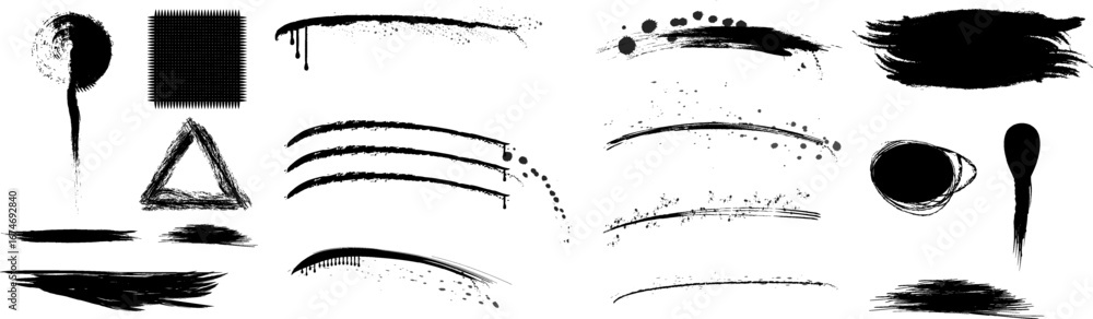 Poster A collection of diverse black brushstroke designs displayed in various shapes and styles. These textures include lines, splatters, and abstract patterns suited for art and design applications.