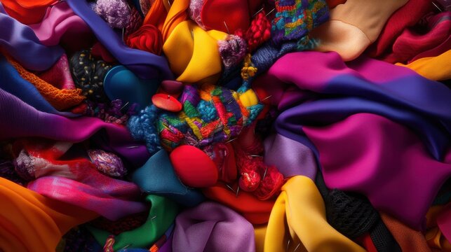 Vibrant textile composition: colorful fabrics and textures in abstract art form