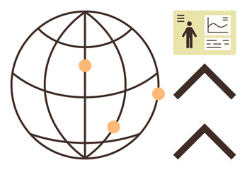 Globe with network points, data report, upward arrows. Ideal for global reach, analytics, growth, trends, connection strategies insights. Modern simple flat metaphor