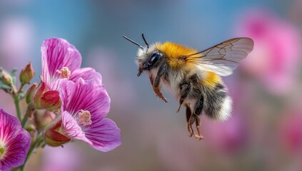 Fuzzy bee in flight near pink flower