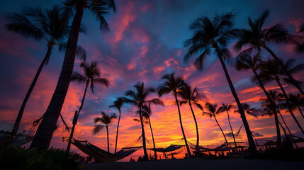 Tropical Sunset Silhouette: A breathtaking view of a tropical sunset unfolds as silhouettes of palm trees are captured, the sky ablaze with vibrant colors, capturing a perfect evening.