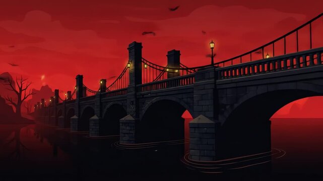Spooky Red Sky Bridge at Night.
