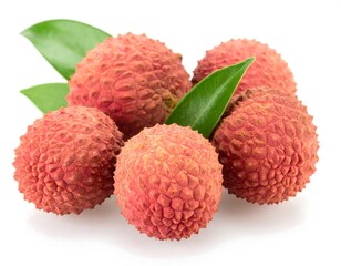 Fresh lychees with leaves on white background