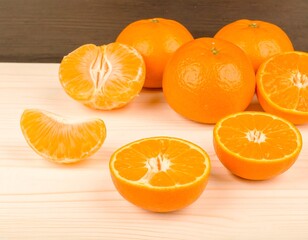Fresh mandarin oranges on a light wooden surface