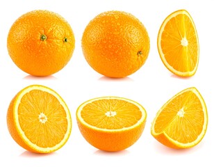Fresh oranges, whole and sliced, isolated on white