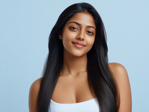 Young Indian woman with long straight hair smiling - Powered by Adobe