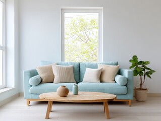Modern living room with blue sofa and coffee table
