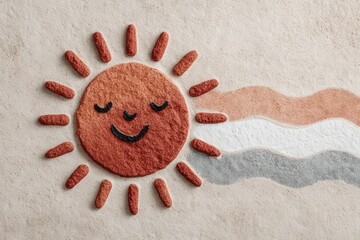 Cheerful sun illustration crafted from textured sand with warm hues radiating happiness and optimism through playful designs, showcasing positivity in a vibrant artistic expression