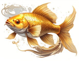 Golden fish in dynamic pose against abstract background
