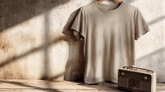 Retro fashion and music vibes: Vintage t-shirt and classic radio on a wooden table, perfect for