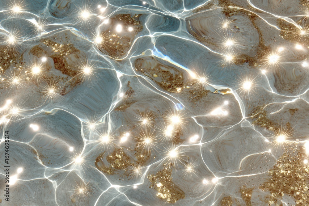 Poster iridescent water surface gleaming with golden reflections and twinkling lights creating a mesmerizin