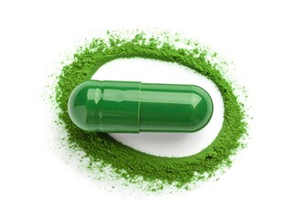 Green capsule surrounded by green powder