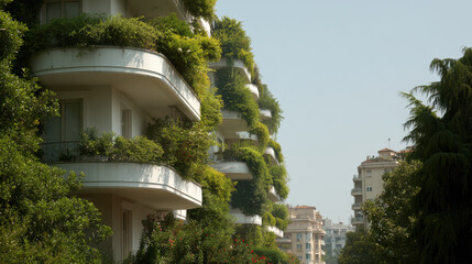 modern architectural facades stand out with their unique designs featuring green roofs and terraces filled with
