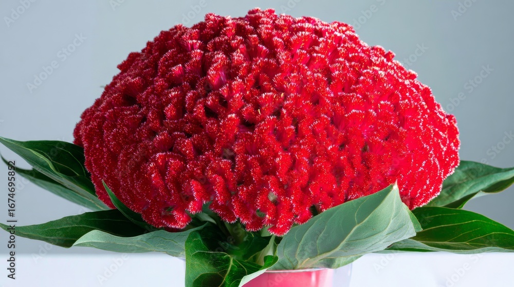 Poster vibrant red cockscomb flower showcases intricate texture and unique shape in a simple white vase aga