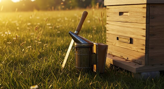 A traditional beekeeper's smoker and a hive tool resting next to a wooden beehive in an apiary