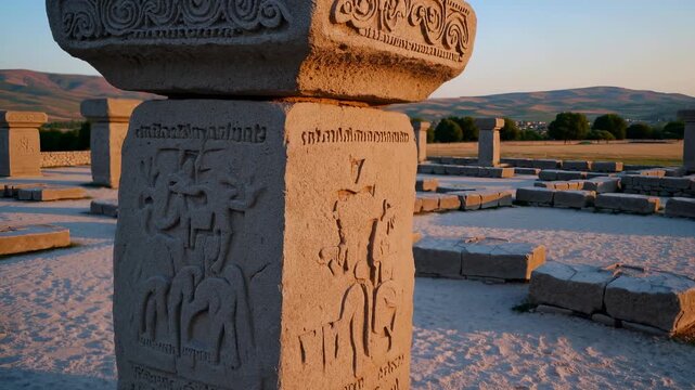 Stone pillars with ancient carvings stand in a desert archaeological site with distant mountains. The setting sun casts shadows, highlighting the intricate designs on the stone.