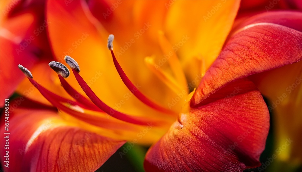 Poster a vibrant macro shot of orange and red freesia petals with intricate details and a rich warm color p