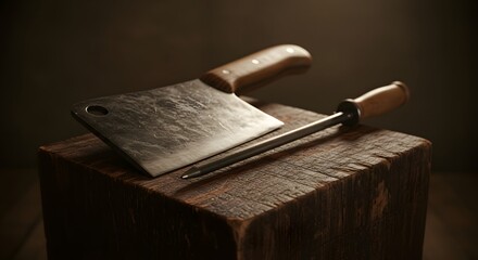 A heavy butcher's cleaver and a sharpening steel resting on a rustic wooden chopping block