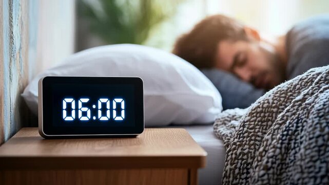 Tranquil male resting, digital clock displaying 6 am during peaceful slumber