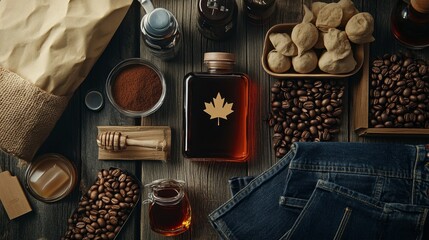 Overhead shot of maple syrup, coffee beans, honey, and denim on rustic wood.